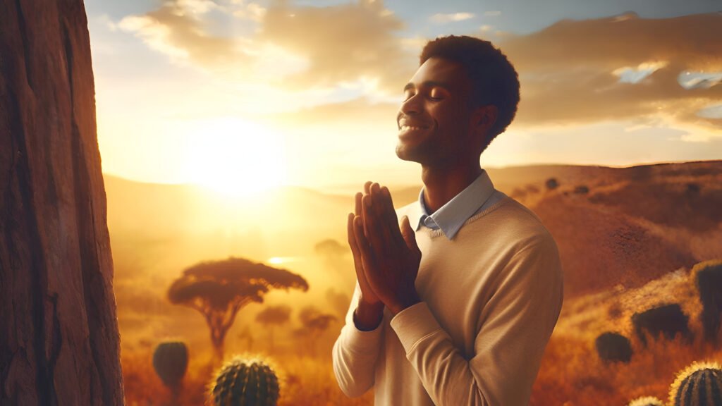 Pessoa em oração ao nascer do sol, com expressão de gratidão e paz, cercada pela natureza em estilo 3D Pixar