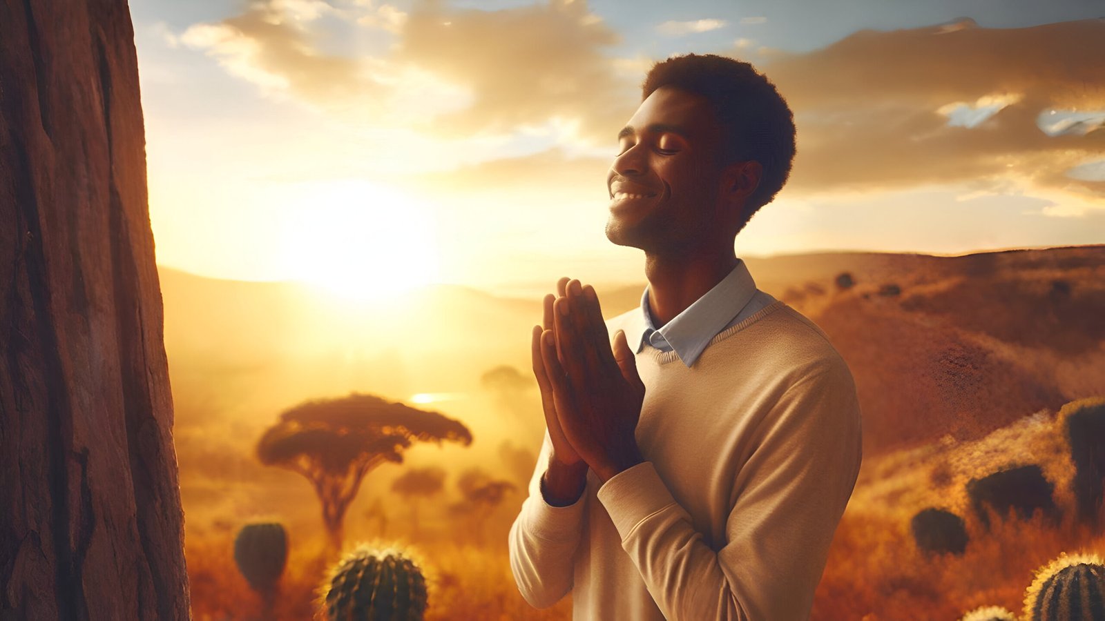 Pessoa em oração ao nascer do sol, com expressão de gratidão e paz, cercada pela natureza em estilo 3D Pixar
