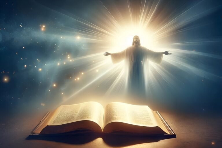 Bíblia aberta no Evangelho de João com luz celestial ao fundo, representando o amor e a revelação de Jesus Cristo