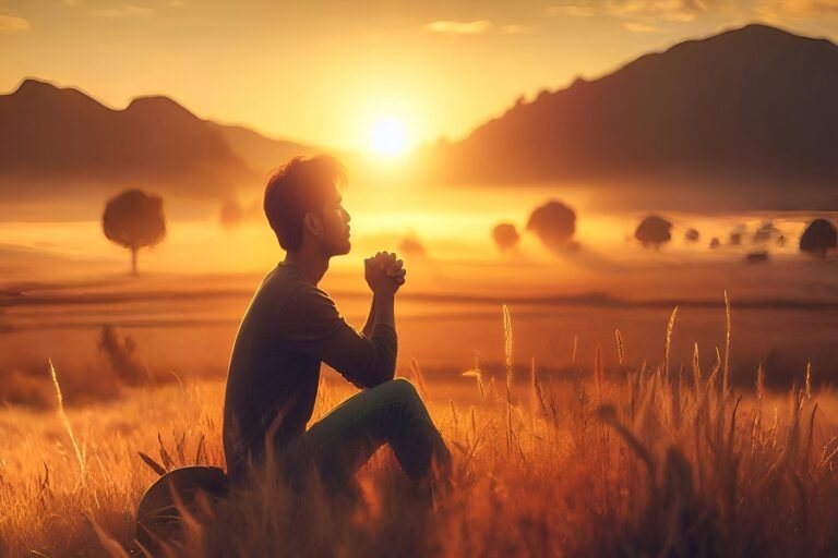 Pessoa em oração ao nascer do sol, buscando paz interior e força espiritual para o dia.