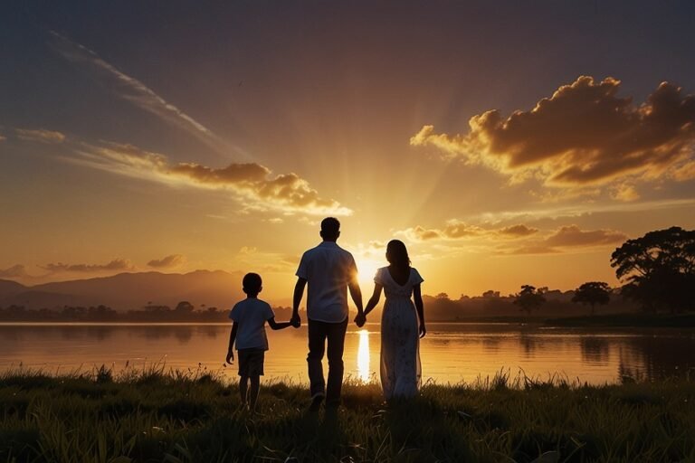 Uma família unida orando ao pôr do sol, com luz suave ao fundo e atmosfera de paz. Estilo cristão, sóbrio e acolhedor. Fundo desfocado e foco nos rostos com expressão de fé