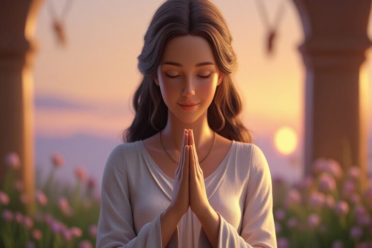 Mulher cristã orando em paz, representando confiança em Deus e a entrega de ansiedade, com base em Filipenses 4:6-7.