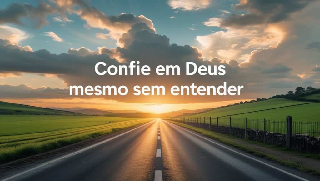 Estrada ao pôr do sol com Bíblia aberta simbolizando fé e confiança em Deus, inspirada em Provérbios 3:5-6.