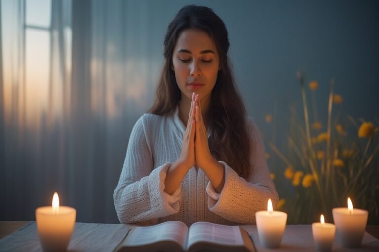 Pessoa orando com foco e confiança, simbolizando a busca de propósito e realização pessoal segundo a vontade de Deus.