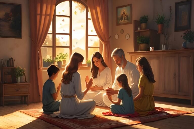 Família orando unida pela manhã, em um ambiente acolhedor, com luz suave e atmosfera de fé e proteção.