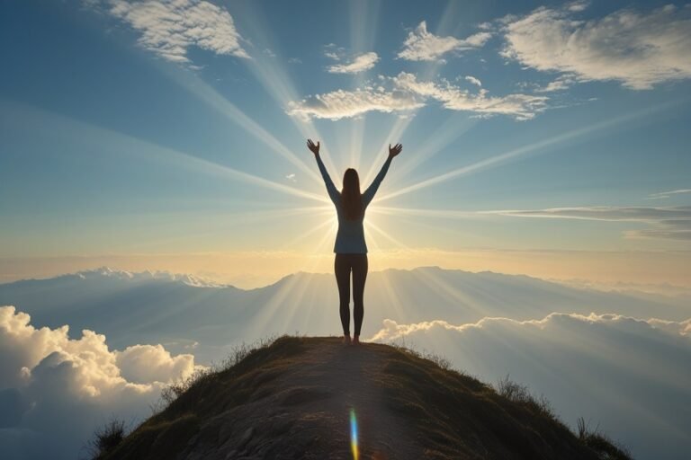 Mulher em pé sobre colina ao amanhecer com braços erguidos ao céu, simbolizando oração e livramento espiritual sob a luz suave do sol