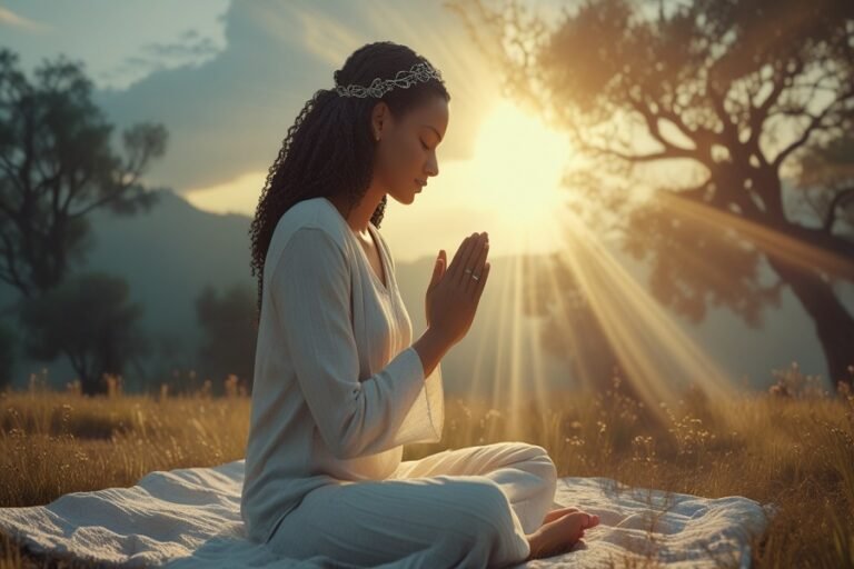 Pessoa orando ao nascer do sol, envolvida em luz dourada, representando proteção e fé no Salmo 91.