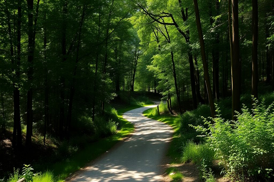 Caminho iluminado com luz suave entre árvores, simbolizando direção e fé em tempos de incerteza
