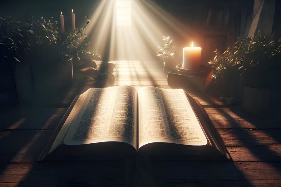 Bíblia aberta mostrando o início do Evangelho de João, representando o estudo das Escrituras com foco na luz de Cristo