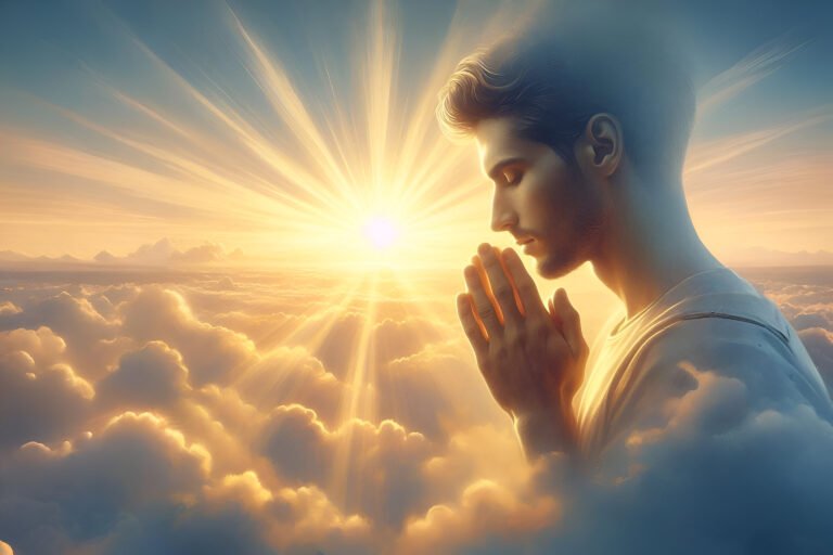 Pessoa orando serenamente sob a luz da manhã, simbolizando descanso em Deus e alívio das pressões da vida.