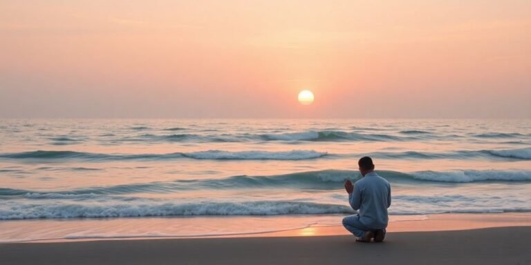 Imagem de uma pessoa orando ao nascer do sol, simbolizando gratidão, renovação de forças e conexão com Deus, inspirada em Isaías 40:31.