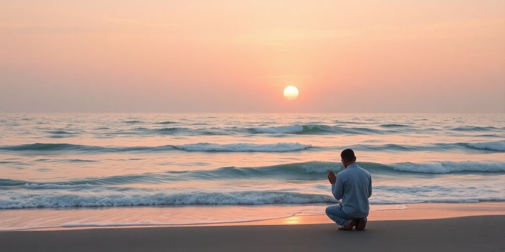 Imagem de uma pessoa orando ao nascer do sol, simbolizando gratidão, renovação de forças e conexão com Deus, inspirada em Isaías 40:31.