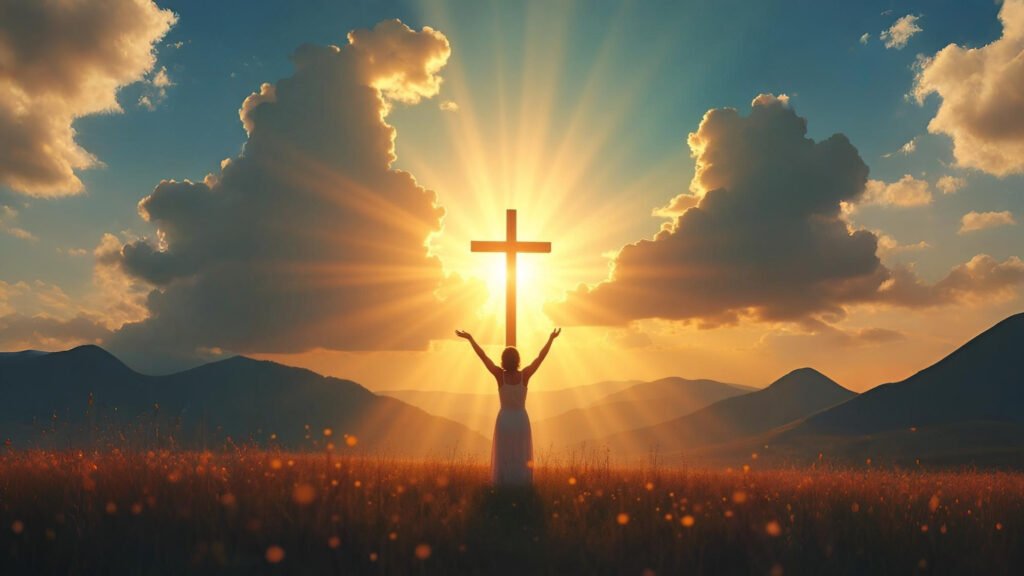 Imagem serena de uma pessoa em oração ao amanhecer, com raios de sol iluminando um campo aberto, simbolizando a proteção divina e a entrega de nossa vida nas mãos de Deus.