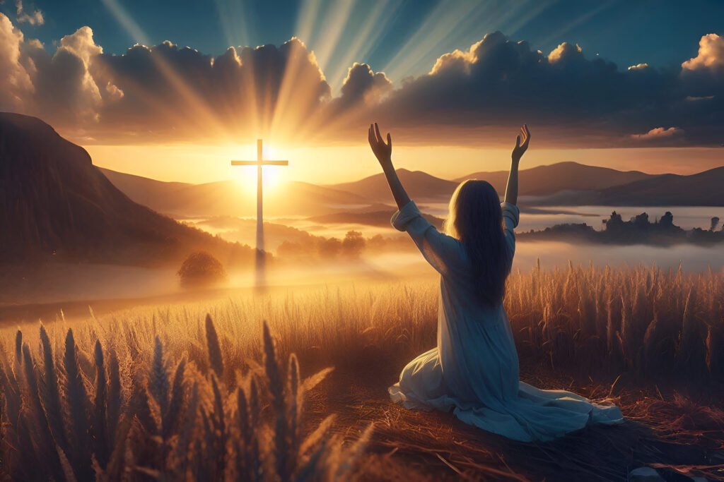 Homem ajoelhado em oração ao nascer do sol, com mãos erguidas e uma cruz iluminada ao fundo, simbolizando fé e entrega a Deus