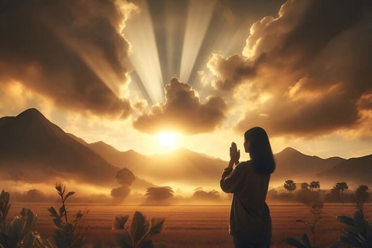 Homem ou mulher orando ao amanhecer com as mãos levantadas ao céu, simbolizando fé, esperança e conexão com Deus em meio à luz divina.