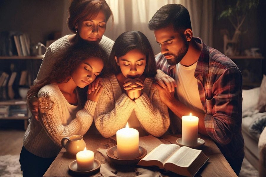Família cristã orando em unidade, com Bíblia aberta, ambiente tranquilo