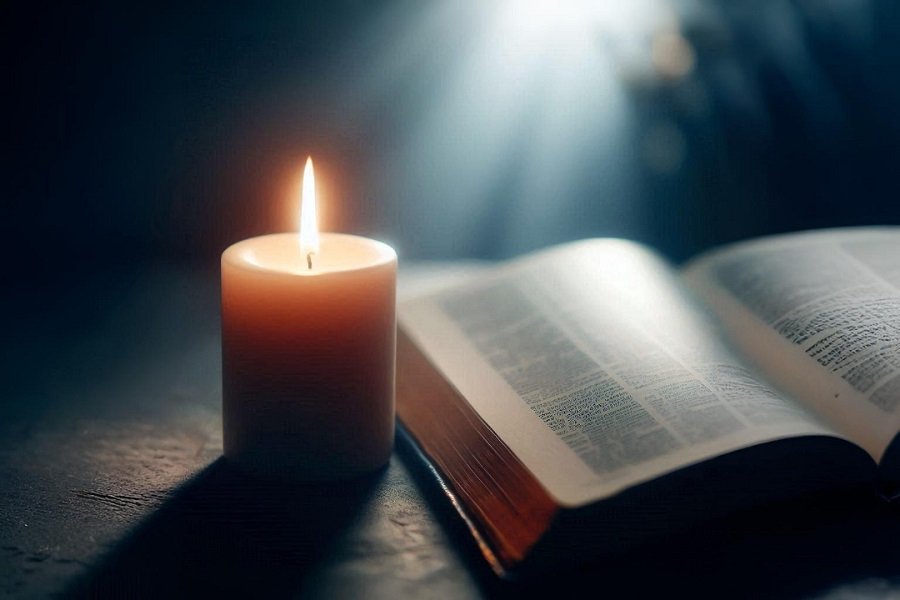  Vela acesa ao lado de uma Bíblia aberta, simbolizando oração, paz e reflexão espiritual.