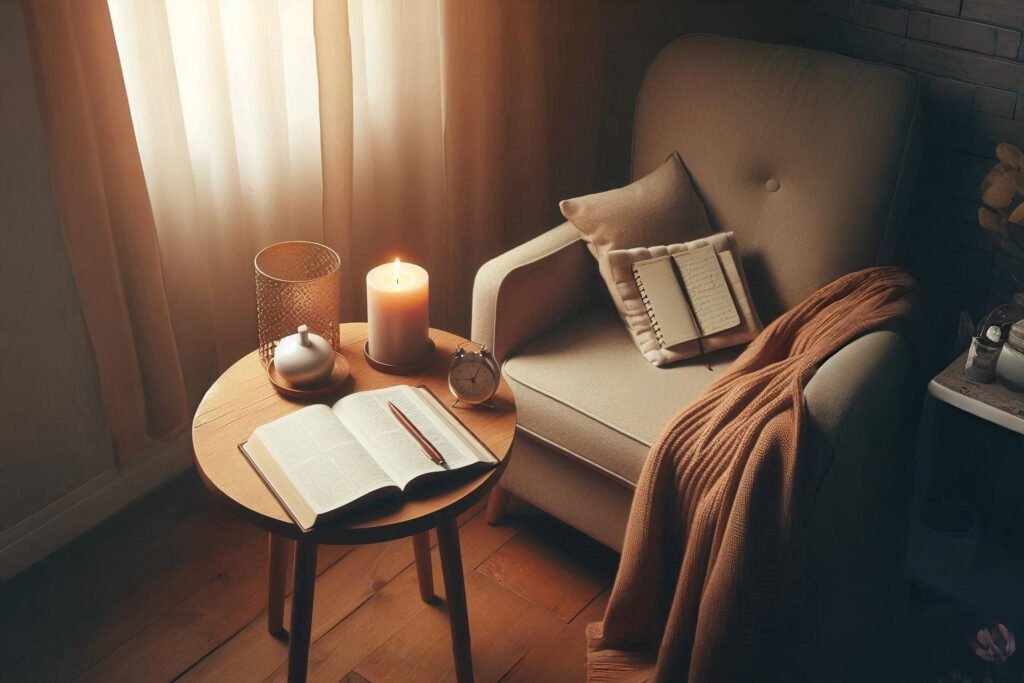 Mesa com Bíblia aberta, caderno de orações e vela acesa em ambiente calmo, simbolizando um espaço dedicado à oração diária