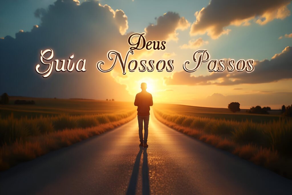 Imagem cristã de uma pessoa orando em um caminho ao nascer do sol, simbolizando direção divina e sabedoria espiritual, com a citação de Provérbios 16:9: “O coração do homem planeja o seu caminho, mas o Senhor lhe dirige os passos