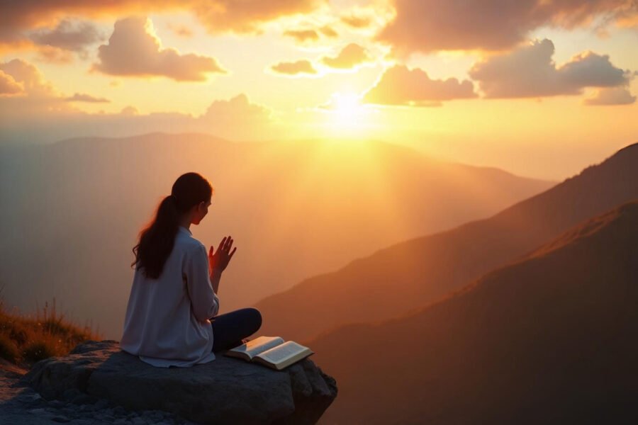 Pessoa orando sozinha ao nascer do sol em uma montanha, com uma Bíblia aberta ao lado, representando consolo e esperança em Deus conforme o Salmo 30:5.