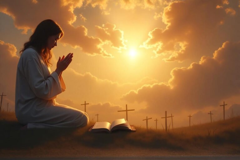 Pessoa orando de joelhos iluminada pela luz divina, representando fé, cura e consolo com base no Salmo 147:3 – Deus cura os corações quebrantados