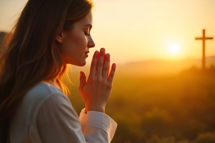 Pessoa orando em um campo ao amanhecer, com luz dourada suave e uma cruz brilhante ao fundo, simbolizando fé, proteção divina e paz interior.