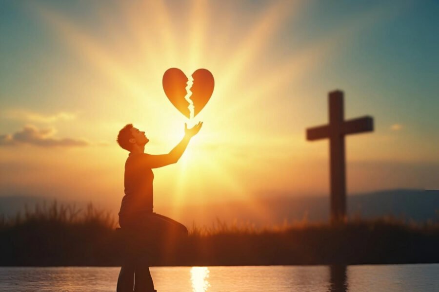 Pessoa ajoelhada em oração ao nascer do sol, com luz celestial simbolizando consolo divino, inspirada no Salmo 34:18.