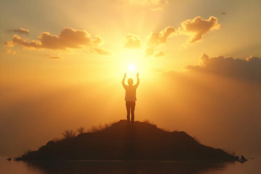 Pessoa orando ao nascer do sol no topo de uma montanha, simbolizando um novo começo com Deus baseado em Lamentações 3:22-23