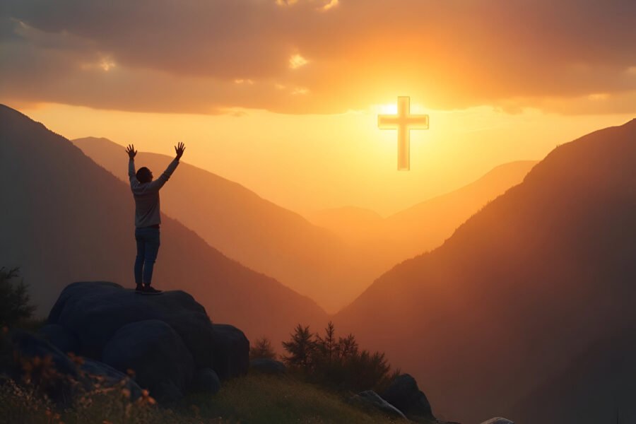 Pessoa orando ao nascer do sol em um vale, com os braços erguidos diante de uma cruz luminosa no céu, simbolizando a vitória em Cristo conforme Romanos 8:37.