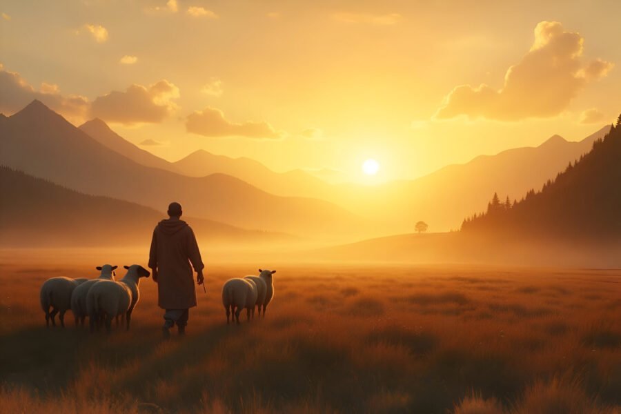 Imagem de um pastor guiando suas ovelhas ao nascer do sol, representando o Salmo 23:1: 'O Senhor é meu pastor, nada me faltará