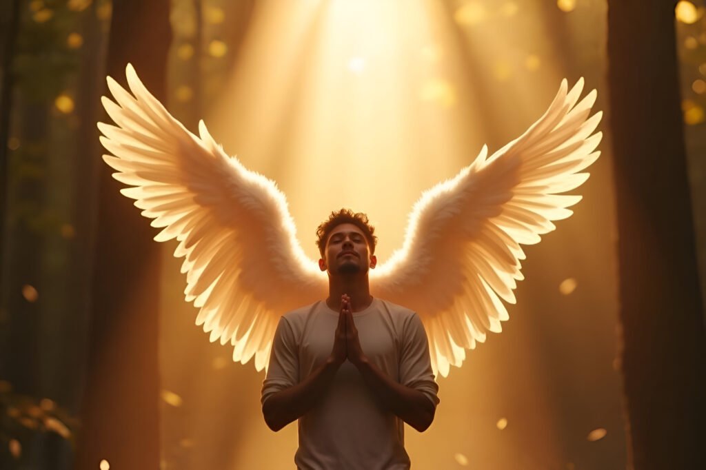 Ilustração cristã de uma pessoa orando sob asas celestiais, representando a proteção de Deus no Salmo 91:4 – “Sob Suas asas estarás seguro