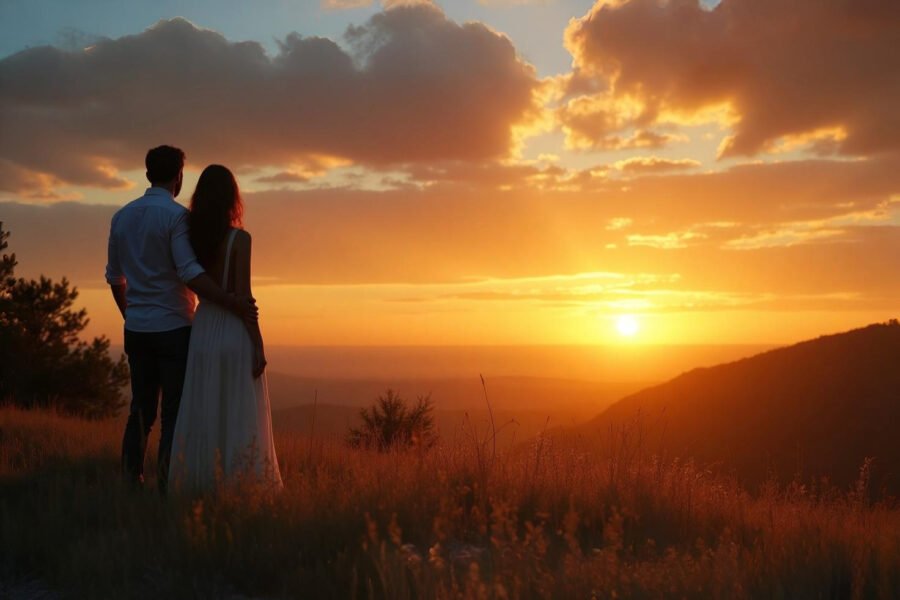 Pessoa orando ao nascer do sol com a Bíblia nas mãos, em meio à natureza, representando fé, recomeço e conexão com Deus.
