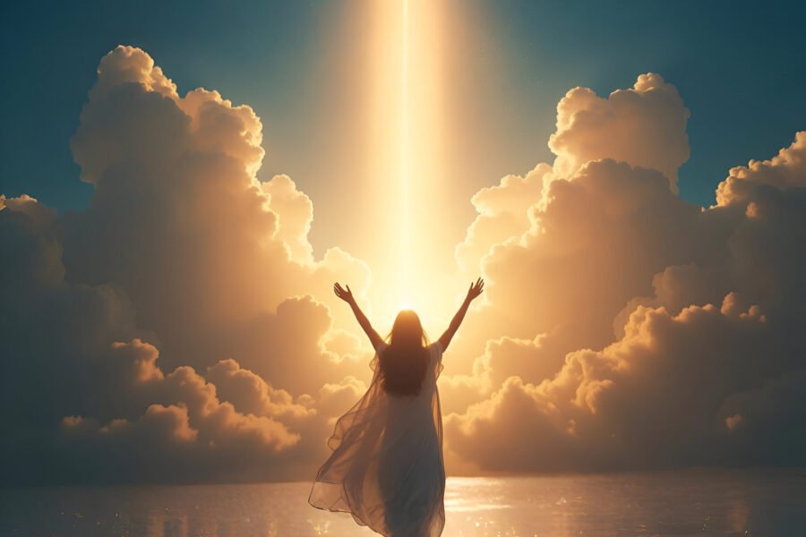 Pessoa orando de joelhos enquanto correntes espirituais são quebradas por uma luz celestial, representando fé, libertação e vitória com Deus.