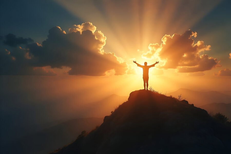 Pessoa orando de braços abertos ao nascer do sol no topo de uma montanha, simbolizando fé, esperança e superação com Deus