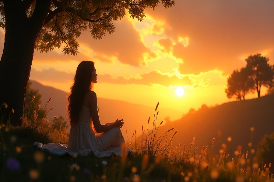 Pessoa em oração ao nascer do sol em um campo sereno, representando fé, esperança e um novo começo com Deus