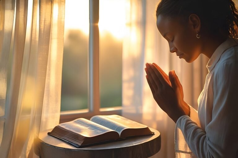Pessoa orando sozinha ao amanhecer com Bíblia aberta e luz suave entrando pela janela, representando entrega, fé e tranquilidade espiritual