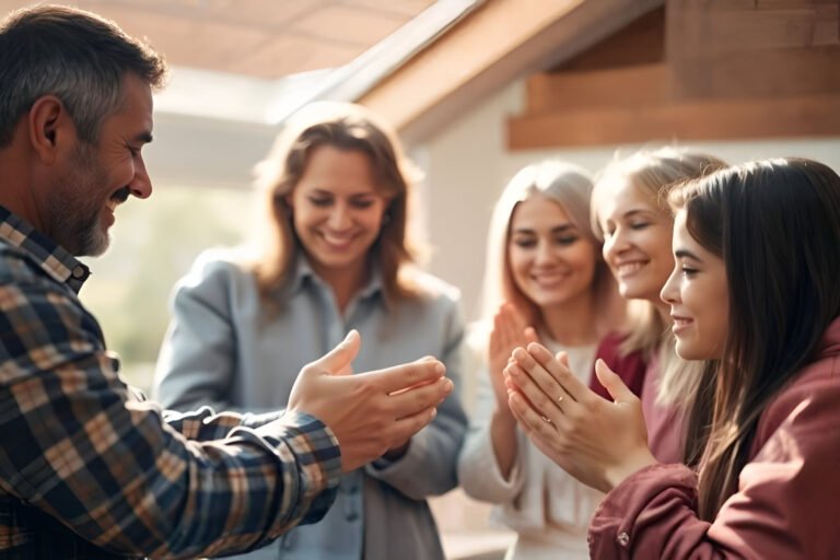 Família reunida em oração ao pôr do sol, dentro de casa, expressando fé, amor e união sob a luz suave de Deus.