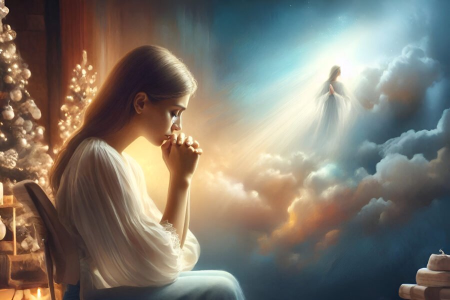 Uma mulher ajoelhada em oração, com lágrimas nos olhos, iluminada por uma luz celestial suave, representando consolo e presença divina. O fundo exibe tons suaves de azul e dourado, simbolizando esperança e fé. Estilo artístico realista com uma atmosfera espiritual e acolhedora.