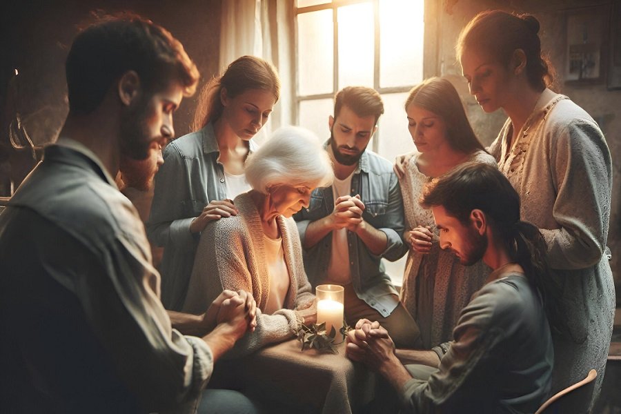 Grupo de cristãos reunidos em oração intercessória por alguém doente