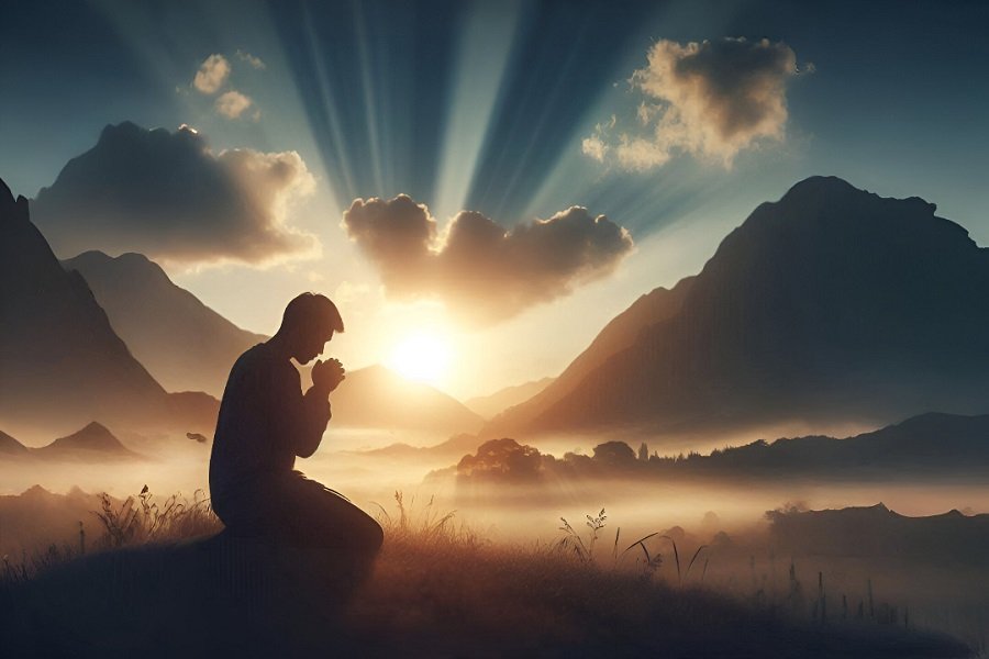 Pessoa orando em intercessão ao amanhecer, simbolizando fé, clamor e conexão com Deus