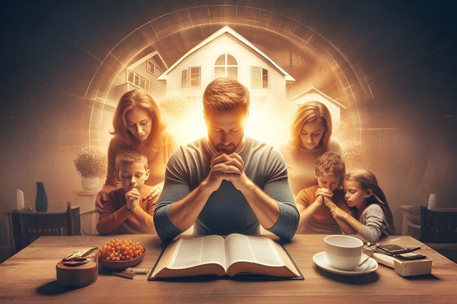 Homem cristão orando com sua família, representando a liderança espiritual no lar com a Bíblia aberta e um ambiente de fé e união.