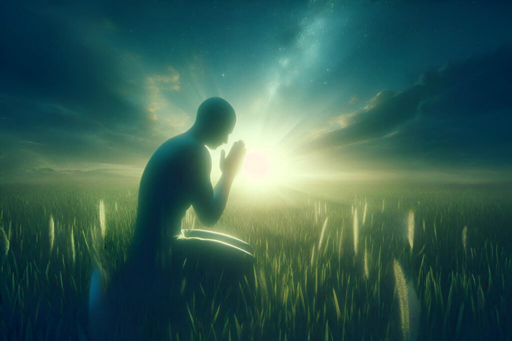 Pessoa ajoelhada em oração em um campo, simbolizando perdão, cura espiritual e paz interior sob a luz suave de Deus