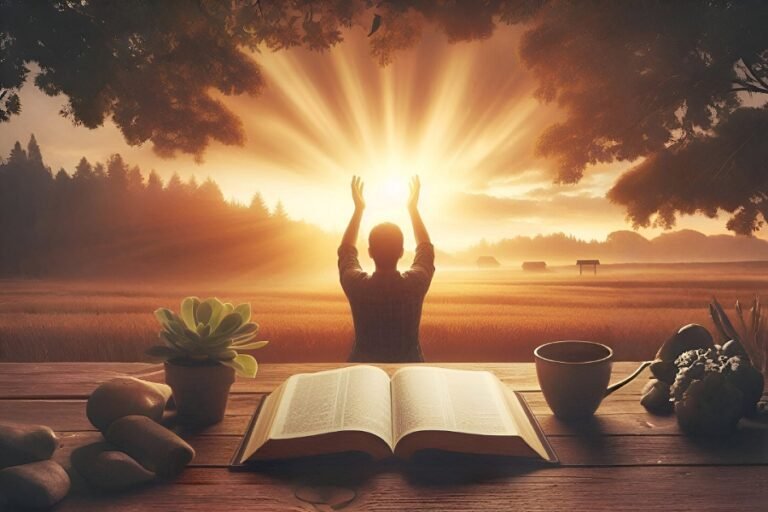 Pessoa orando ao amanhecer com Bíblia aberta, representando gratidão a Deus