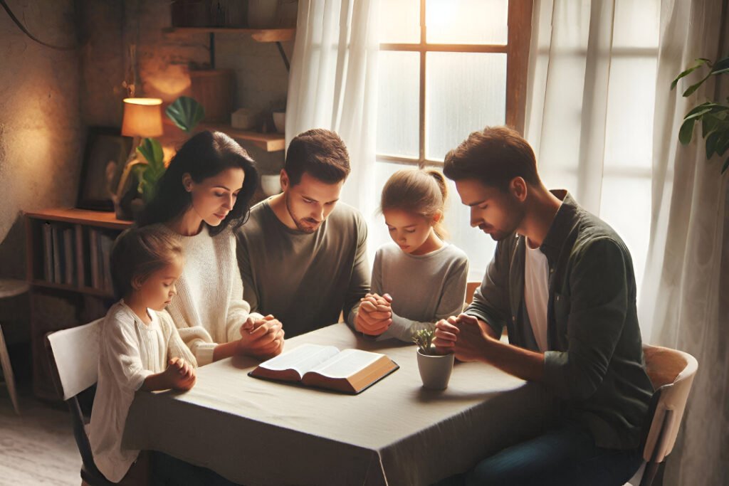 familia orando com biblia