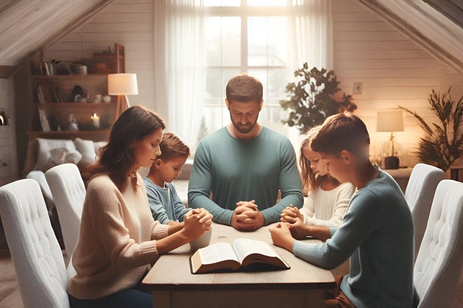 Família cristã reunida em oração, expressando fé, união e paz no lar Deseja que eu gere essa imagem para você?