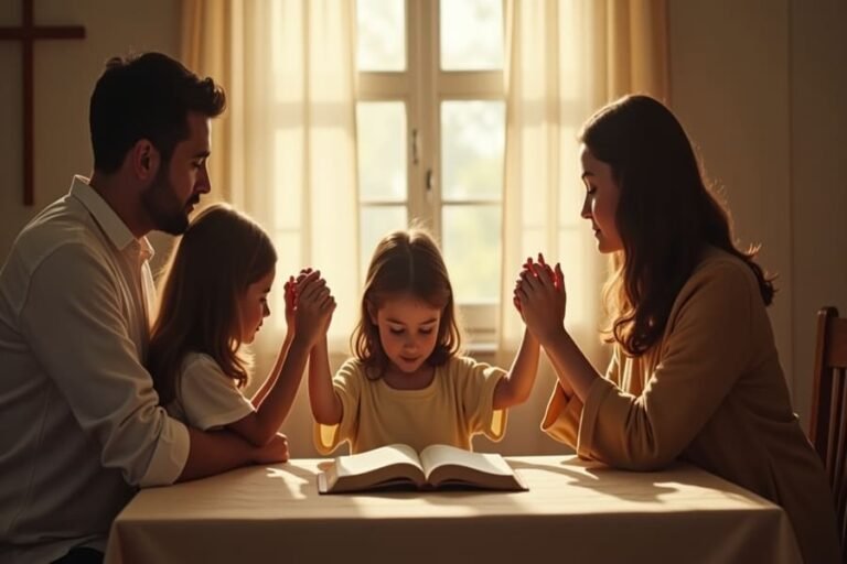 Família cristã reunida em oração dentro de casa, com Bíblia aberta sobre a mesa, representando fé, união e o versículo Josué 24:15.