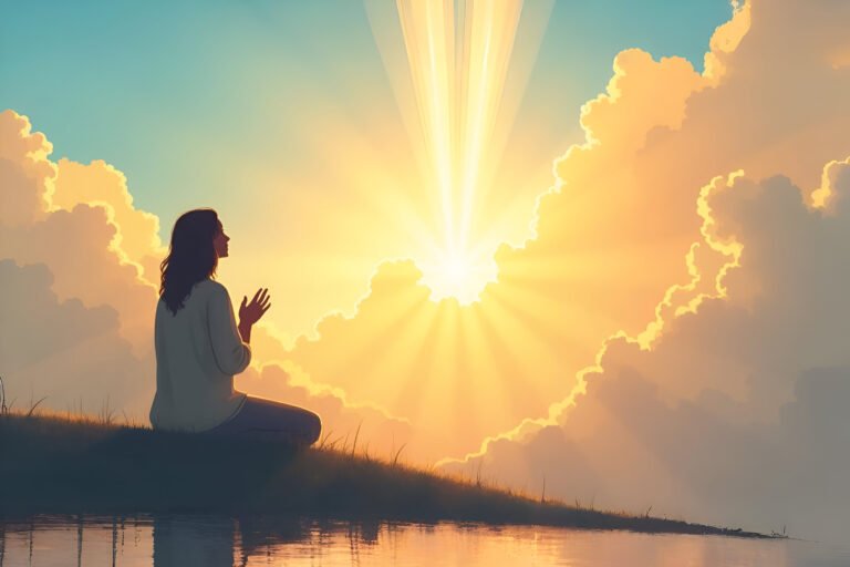 Pessoa orando ao nascer do sol em um monte, com luz celestial e o versículo Deuteronômio 20:4 simbolizando que Deus luta por você – imagem de inspiração cristã para um dia de vitória.