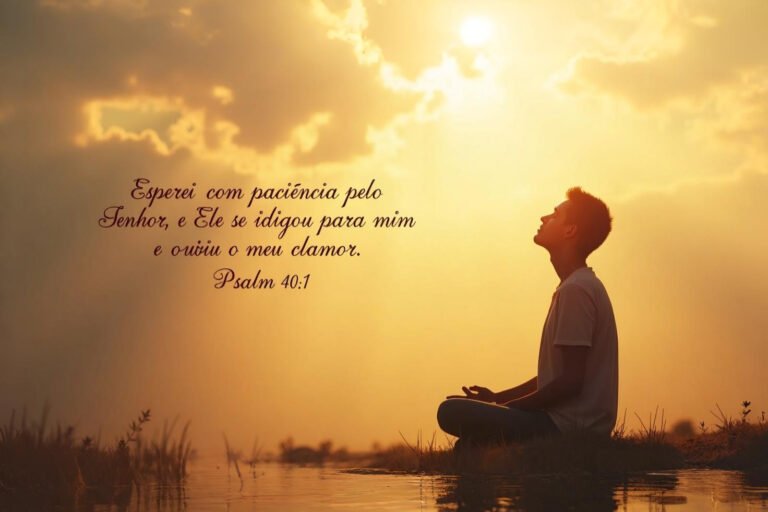 Pessoa orando em paz com luz dourada ao fundo e o versículo “Esperei com paciência pelo Senhor, e Ele se inclinou para mim e ouviu o meu clamor” (Salmo 40:1), representando fé e esperança.