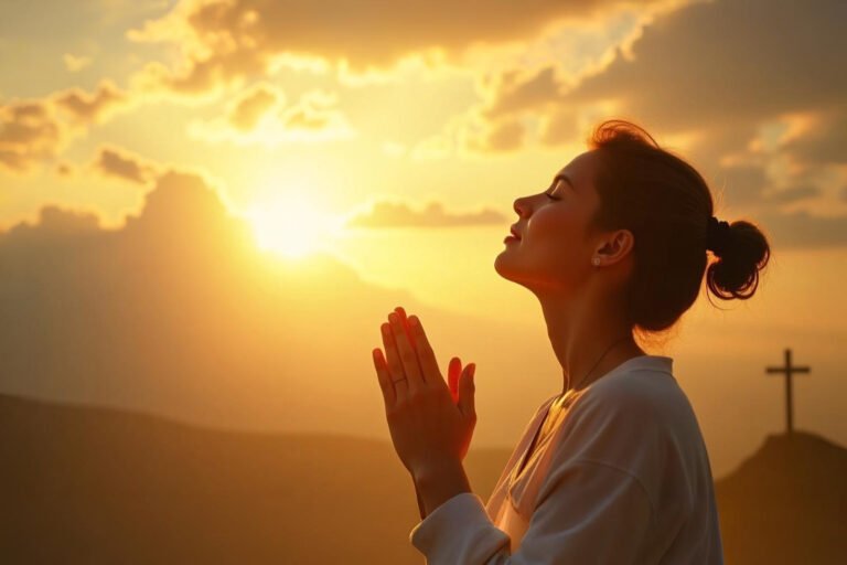 Pessoa orando com as mãos erguidas ao céu, envolvida por luz divina, representando fé e milagres segundo Marcos 11:24.