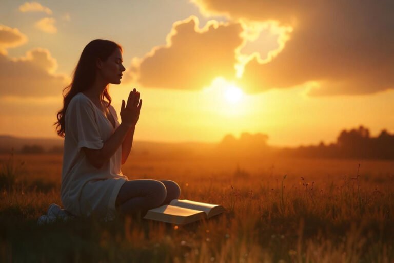 Pessoa orando ajoelhada ao nascer do sol com uma Bíblia aberta em 2 Timóteo 1:7, simbolizando coragem, fé e libertação do medo.